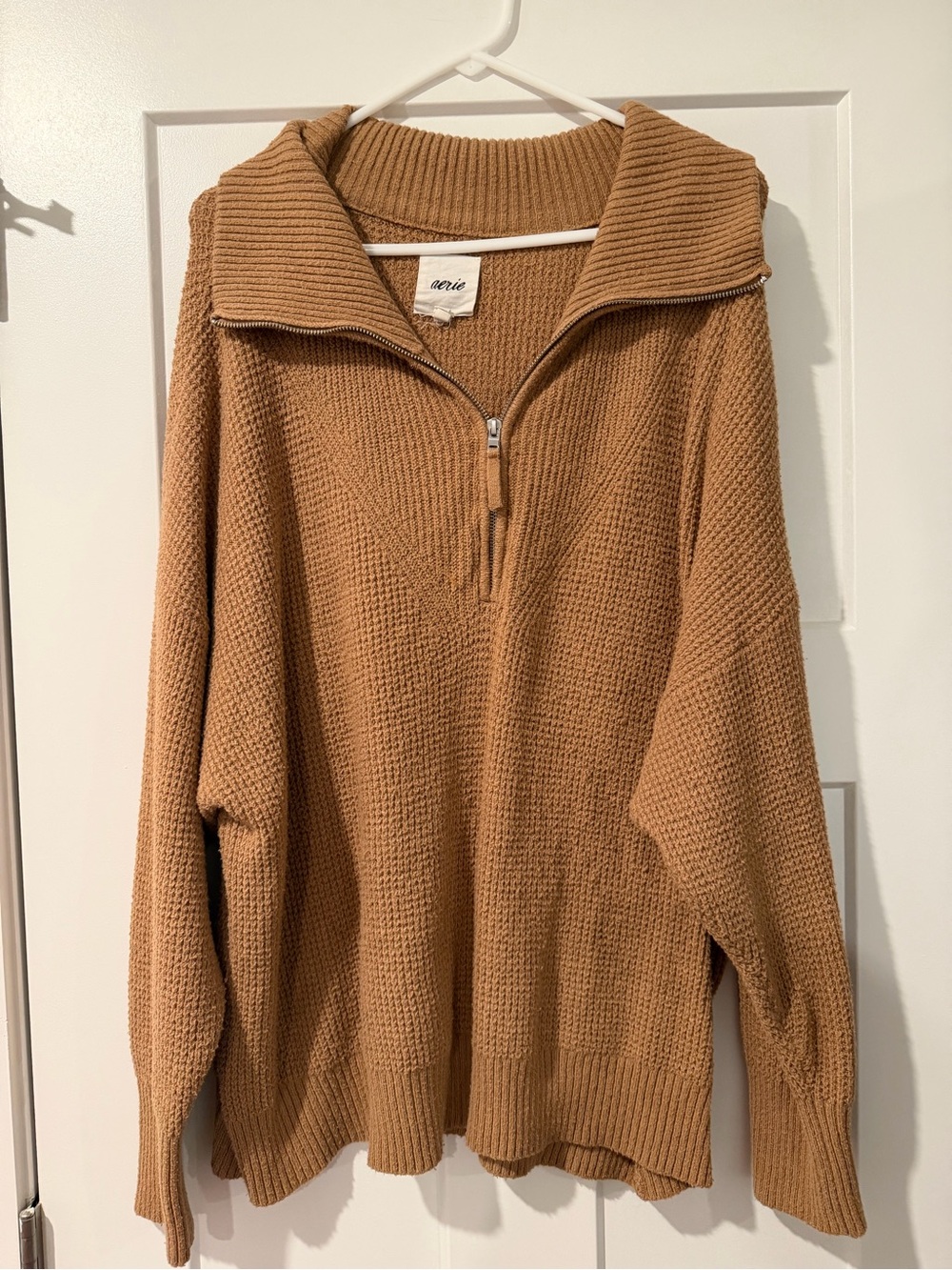 aerie Ribbed Half-Zip Pullover Sweater in Camel